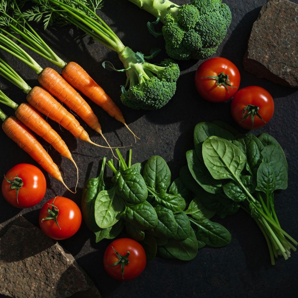 Fresh seasonal vegetables including carrots and broccoli on a dark surface