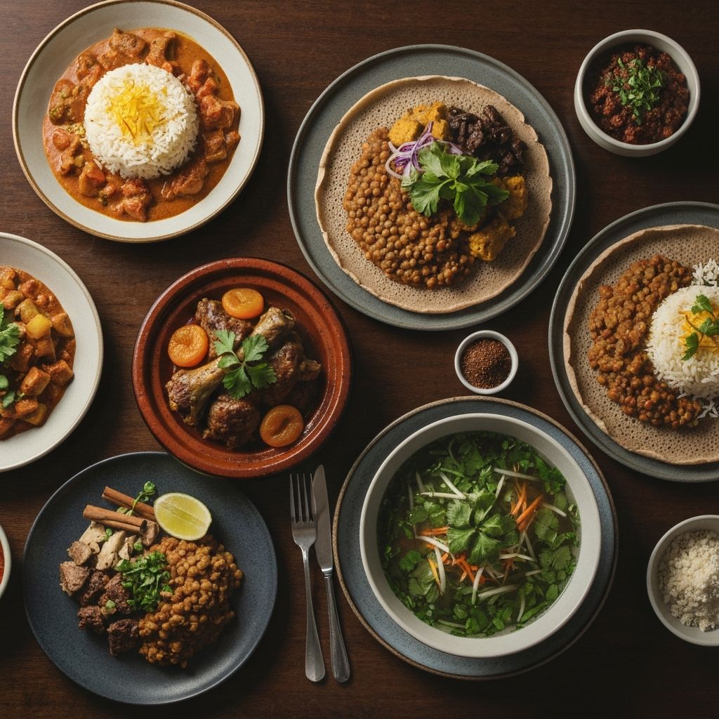 Diverse traditional whole food dishes from different world regions arranged on a dark table