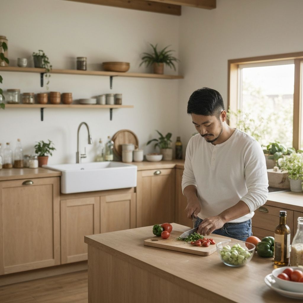 Person preparing a balanced wholesome meal in a natural home kitchen
