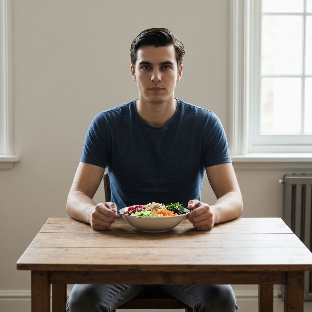 Person sitting calmly at a wooden table with a bowl of wholesome food